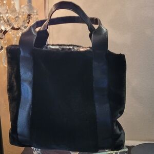 Sondra Roberts Classic Square Black Faux Fur Open Tote Bag + Gunmetal ZipCase